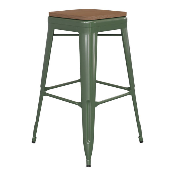 English Elm Kai Commercial-Grade 30" Backless Metal Barstool for Indoor-Outdoor Use, Durable & Lightweight Design Teak Seat/Green Frame CH-31320-30-GN-PL2T-GG