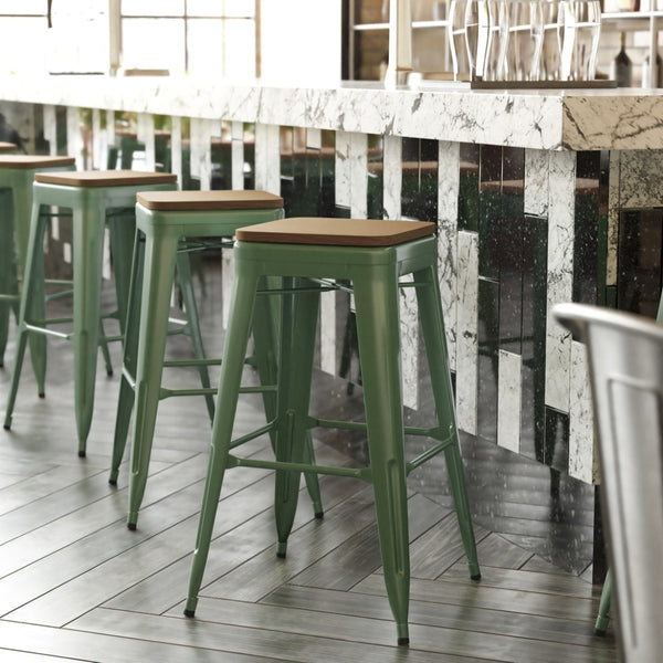 English Elm Kai Commercial-Grade 30" Backless Metal Barstool for Indoor-Outdoor Use, Durable & Lightweight Design Teak Seat/Green Frame CH-31320-30-GN-PL2T-GG