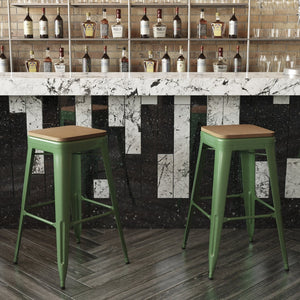 English Elm Kai Commercial-Grade 30" Backless Metal Barstool for Indoor-Outdoor Use, Durable & Lightweight Design Teak Seat/Green Frame CH-31320-30-GN-PL2T-GG