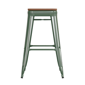 English Elm Kai Commercial-Grade 30" Backless Metal Barstool for Indoor-Outdoor Use, Durable & Lightweight Design Teak Seat/Green Frame CH-31320-30-GN-PL2T-GG