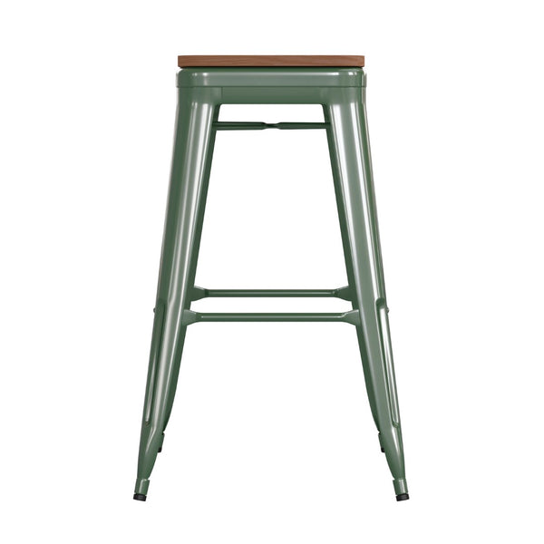 English Elm Kai Commercial-Grade 30" Backless Metal Barstool for Indoor-Outdoor Use, Durable & Lightweight Design Teak Seat/Green Frame CH-31320-30-GN-PL2T-GG