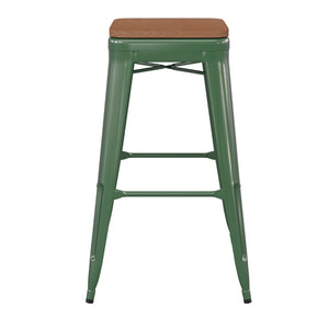 English Elm Kai Commercial-Grade 30" Backless Metal Barstool for Indoor-Outdoor Use, Durable & Lightweight Design Teak Seat/Green Frame CH-31320-30-GN-PL2T-GG