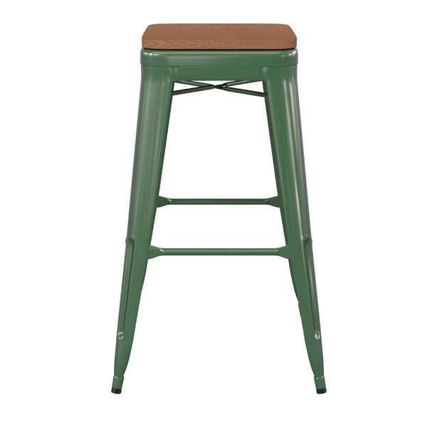 English Elm Kai Commercial-Grade 30" Backless Metal Barstool for Indoor-Outdoor Use, Durable & Lightweight Design Teak Seat/Green Frame CH-31320-30-GN-PL2T-GG