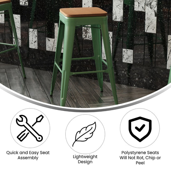 English Elm Kai Commercial-Grade 30" Backless Metal Barstool for Indoor-Outdoor Use, Durable & Lightweight Design Teak Seat/Green Frame CH-31320-30-GN-PL2T-GG