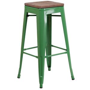 English Elm Lily 30" High Backless Metal Barstool with Square Wood Seat - Durable, Stackable & Stylish Design Green CH-31320-30-GN-WD-GG