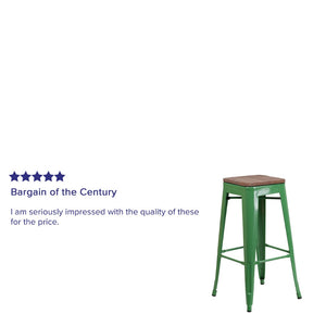 English Elm Lily 30" High Backless Metal Barstool with Square Wood Seat - Durable, Stackable & Stylish Design Green CH-31320-30-GN-WD-GG