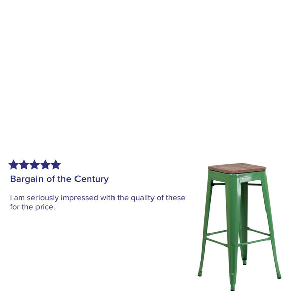 English Elm Lily 30" High Backless Metal Barstool with Square Wood Seat - Durable, Stackable & Stylish Design Green CH-31320-30-GN-WD-GG