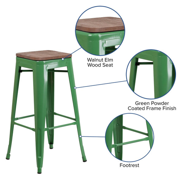 English Elm Lily 30" High Backless Metal Barstool with Square Wood Seat - Durable, Stackable & Stylish Design Green CH-31320-30-GN-WD-GG