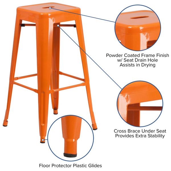English Elm Kai Commercial Grade 30-Inch Backless Metal Barstool for Indoor and Outdoor Use, Stackable Design Orange CH-31320-30-OR-GG