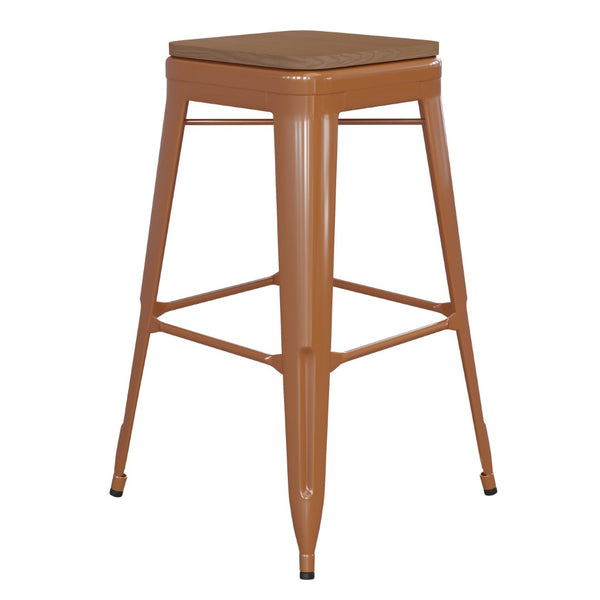 English Elm Kai Commercial-Grade 30" Backless Metal Barstool for Indoor-Outdoor Use, Durable & Lightweight Design Teak Seat/Orange Frame CH-31320-30-OR-PL2T-GG