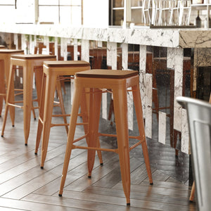 English Elm Kai Commercial-Grade 30" Backless Metal Barstool for Indoor-Outdoor Use, Durable & Lightweight Design Teak Seat/Orange Frame CH-31320-30-OR-PL2T-GG
