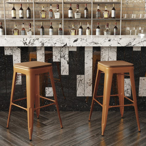 English Elm Kai Commercial-Grade 30" Backless Metal Barstool for Indoor-Outdoor Use, Durable & Lightweight Design Teak Seat/Orange Frame CH-31320-30-OR-PL2T-GG