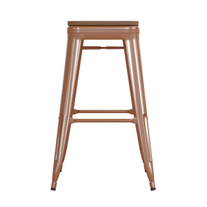 English Elm Kai Commercial-Grade 30" Backless Metal Barstool for Indoor-Outdoor Use, Durable & Lightweight Design Teak Seat/Orange Frame CH-31320-30-OR-PL2T-GG