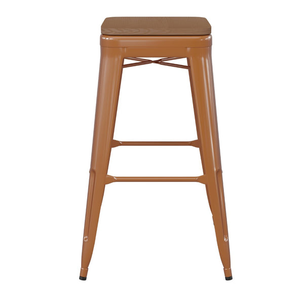 English Elm Kai Commercial-Grade 30" Backless Metal Barstool for Indoor-Outdoor Use, Durable & Lightweight Design Teak Seat/Orange Frame CH-31320-30-OR-PL2T-GG