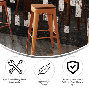 English Elm Kai Commercial-Grade 30" Backless Metal Barstool for Indoor-Outdoor Use, Durable & Lightweight Design Teak Seat/Orange Frame CH-31320-30-OR-PL2T-GG