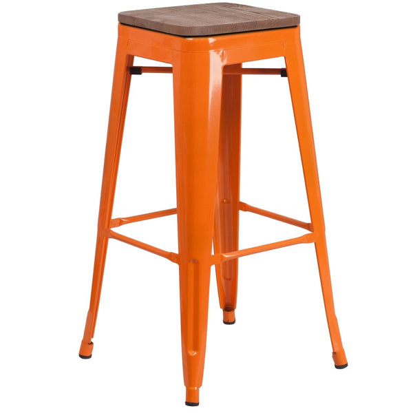 English Elm Lily 30" High Backless Metal Barstool with Square Wood Seat - Durable, Stackable & Stylish Design Orange CH-31320-30-OR-WD-GG