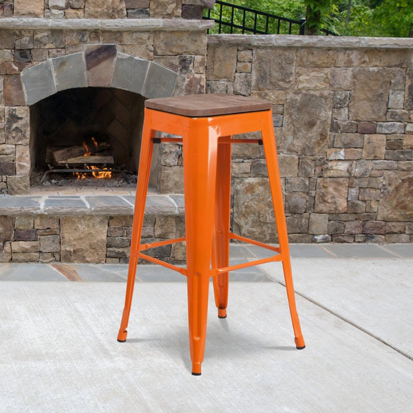 English Elm Lily 30" High Backless Metal Barstool with Square Wood Seat - Durable, Stackable & Stylish Design Orange CH-31320-30-OR-WD-GG