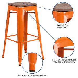 English Elm Lily 30" High Backless Metal Barstool with Square Wood Seat - Durable, Stackable & Stylish Design Orange CH-31320-30-OR-WD-GG
