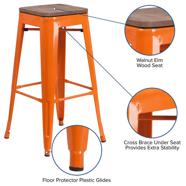English Elm Lily 30" High Backless Metal Barstool with Square Wood Seat - Durable, Stackable & Stylish Design Orange CH-31320-30-OR-WD-GG