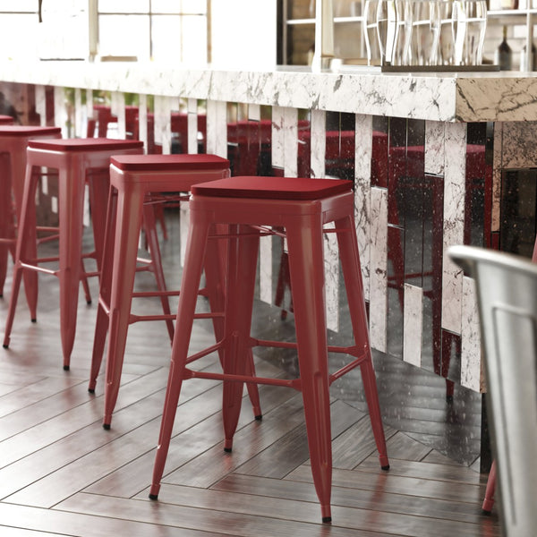 English Elm Kai Commercial-Grade 30" Backless Metal Barstool for Indoor-Outdoor Use, Durable & Lightweight Design Red Seat/Red Frame CH-31320-30-RED-PL2R-GG