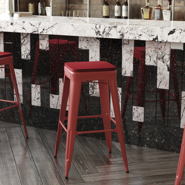 English Elm Kai Commercial-Grade 30" Backless Metal Barstool for Indoor-Outdoor Use, Durable & Lightweight Design Red Seat/Red Frame CH-31320-30-RED-PL2R-GG