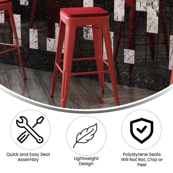 English Elm Kai Commercial-Grade 30" Backless Metal Barstool for Indoor-Outdoor Use, Durable & Lightweight Design Red Seat/Red Frame CH-31320-30-RED-PL2R-GG