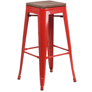 English Elm Lily 30" High Backless Metal Barstool with Square Wood Seat - Durable, Stackable & Stylish Design Red CH-31320-30-RED-WD-GG
