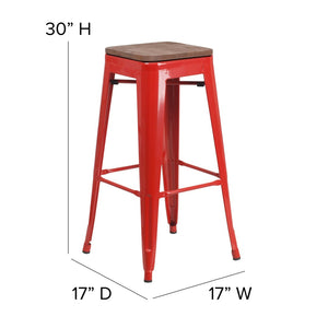 English Elm Lily 30" High Backless Metal Barstool with Square Wood Seat - Durable, Stackable & Stylish Design Red CH-31320-30-RED-WD-GG
