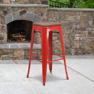 English Elm Lily 30" High Backless Metal Barstool with Square Wood Seat - Durable, Stackable & Stylish Design Red CH-31320-30-RED-WD-GG