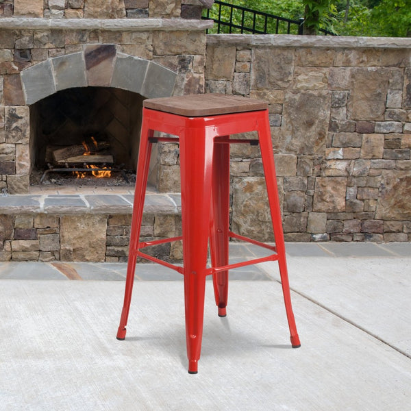 English Elm Lily 30" High Backless Metal Barstool with Square Wood Seat - Durable, Stackable & Stylish Design Red CH-31320-30-RED-WD-GG