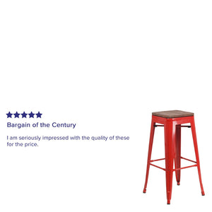 English Elm Lily 30" High Backless Metal Barstool with Square Wood Seat - Durable, Stackable & Stylish Design Red CH-31320-30-RED-WD-GG