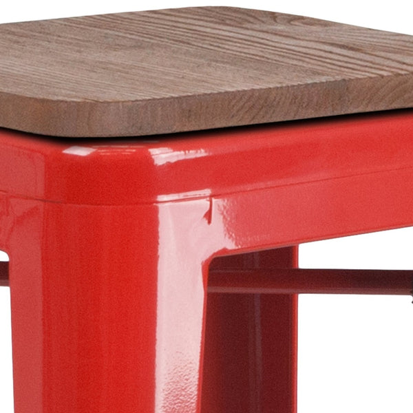 English Elm Lily 30" High Backless Metal Barstool with Square Wood Seat - Durable, Stackable & Stylish Design Red CH-31320-30-RED-WD-GG