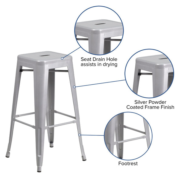 English Elm Kai Commercial Grade 30-Inch Backless Metal Barstool for Indoor and Outdoor Use, Stackable Design Silver CH-31320-30-SIL-GG