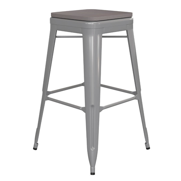 English Elm Kai Commercial-Grade 30" Backless Metal Barstool for Indoor-Outdoor Use, Durable & Lightweight Design Gray Seat/Silver Frame CH-31320-30-SIL-PL2G-GG