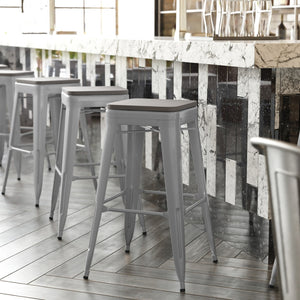 English Elm Kai Commercial-Grade 30" Backless Metal Barstool for Indoor-Outdoor Use, Durable & Lightweight Design Gray Seat/Silver Frame CH-31320-30-SIL-PL2G-GG