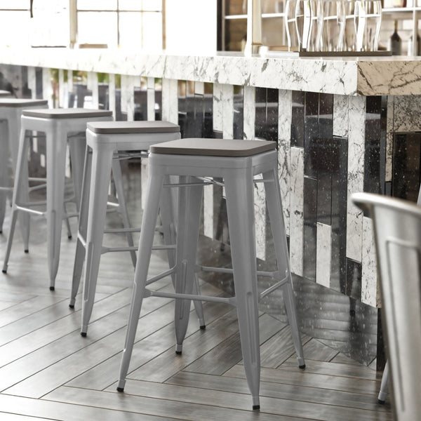 English Elm Kai Commercial-Grade 30" Backless Metal Barstool for Indoor-Outdoor Use, Durable & Lightweight Design Gray Seat/Silver Frame CH-31320-30-SIL-PL2G-GG
