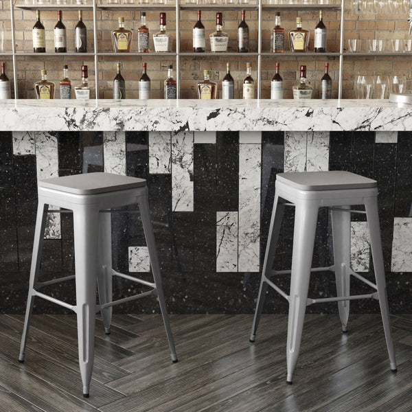 English Elm Kai Commercial-Grade 30" Backless Metal Barstool for Indoor-Outdoor Use, Durable & Lightweight Design Gray Seat/Silver Frame CH-31320-30-SIL-PL2G-GG