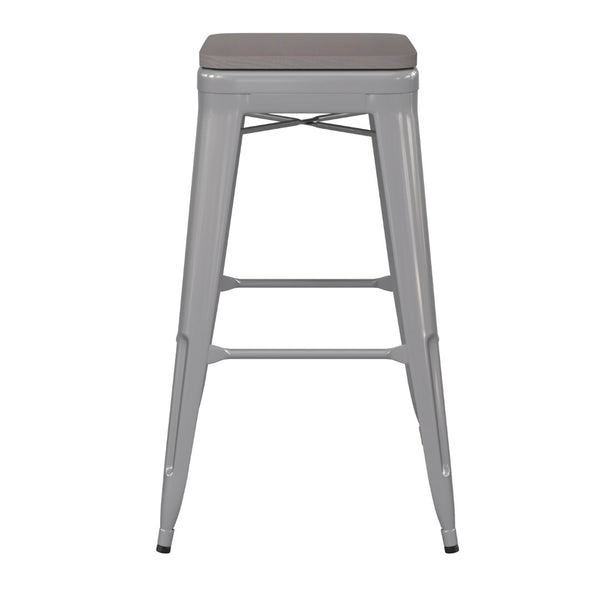 English Elm Kai Commercial-Grade 30" Backless Metal Barstool for Indoor-Outdoor Use, Durable & Lightweight Design Gray Seat/Silver Frame CH-31320-30-SIL-PL2G-GG