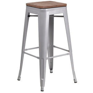 English Elm Lily 30" High Backless Metal Barstool with Square Wood Seat - Durable, Stackable & Stylish Design Silver CH-31320-30-SIL-WD-GG