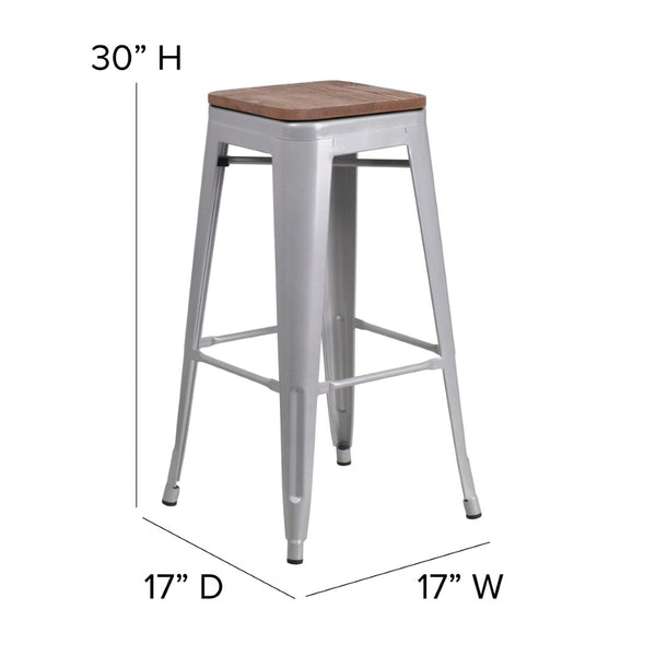 English Elm Lily 30" High Backless Metal Barstool with Square Wood Seat - Durable, Stackable & Stylish Design Silver CH-31320-30-SIL-WD-GG
