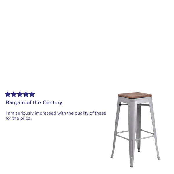 English Elm Lily 30" High Backless Metal Barstool with Square Wood Seat - Durable, Stackable & Stylish Design Silver CH-31320-30-SIL-WD-GG