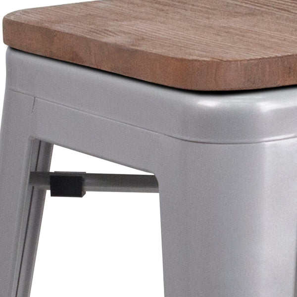 English Elm Lily 30" High Backless Metal Barstool with Square Wood Seat - Durable, Stackable & Stylish Design Silver CH-31320-30-SIL-WD-GG