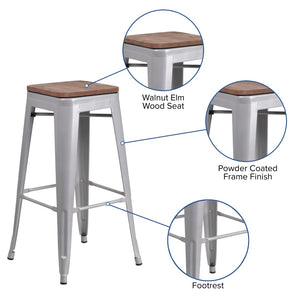 English Elm Lily 30" High Backless Metal Barstool with Square Wood Seat - Durable, Stackable & Stylish Design Silver CH-31320-30-SIL-WD-GG