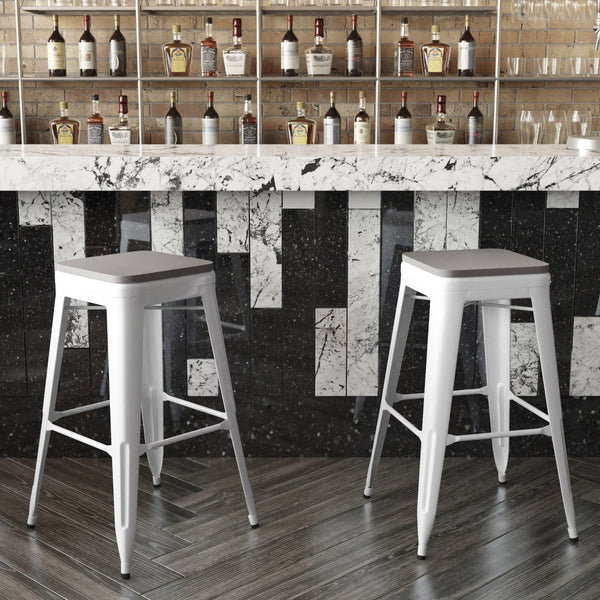 English Elm Kai Commercial-Grade 30" Backless Metal Barstool for Indoor-Outdoor Use, Durable & Lightweight Design Gray Seat/White Frame CH-31320-30-WH-PL2G-GG