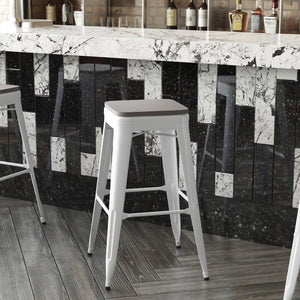 English Elm Kai Commercial-Grade 30" Backless Metal Barstool for Indoor-Outdoor Use, Durable & Lightweight Design Gray Seat/White Frame CH-31320-30-WH-PL2G-GG