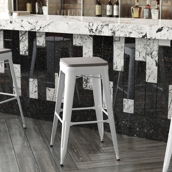 English Elm Kai Commercial-Grade 30" Backless Metal Barstool for Indoor-Outdoor Use, Durable & Lightweight Design Gray Seat/White Frame CH-31320-30-WH-PL2G-GG
