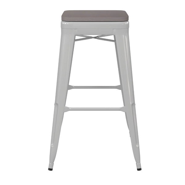 English Elm Kai Commercial-Grade 30" Backless Metal Barstool for Indoor-Outdoor Use, Durable & Lightweight Design Gray Seat/White Frame CH-31320-30-WH-PL2G-GG