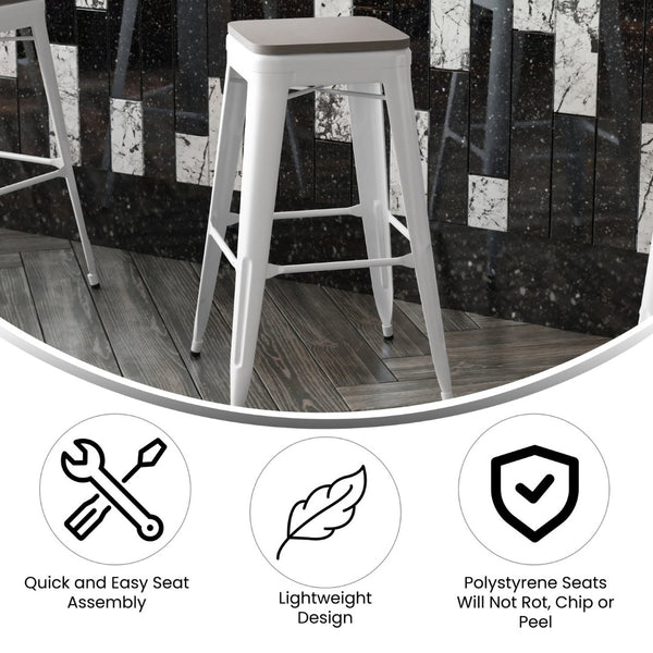 English Elm Kai Commercial-Grade 30" Backless Metal Barstool for Indoor-Outdoor Use, Durable & Lightweight Design Gray Seat/White Frame CH-31320-30-WH-PL2G-GG