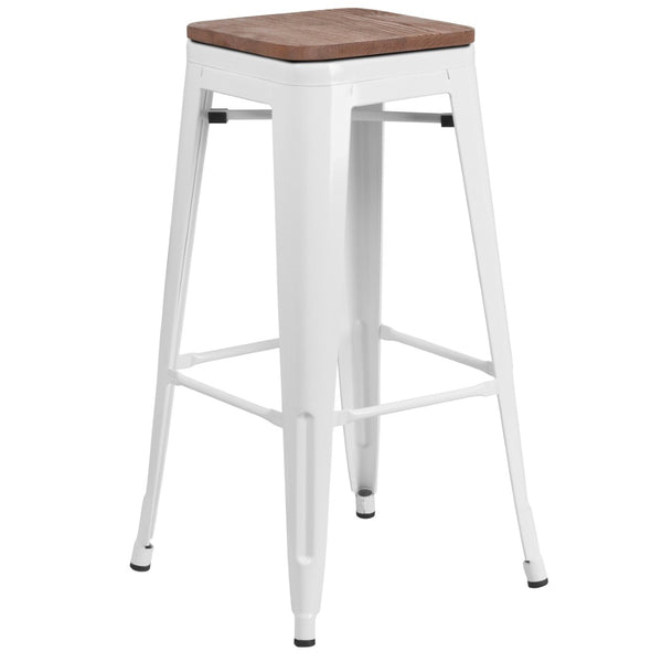 English Elm Lily 30" High Backless Metal Barstool with Square Wood Seat - Durable, Stackable & Stylish Design White CH-31320-30-WH-WD-GG