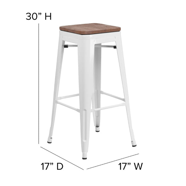 English Elm Lily 30" High Backless Metal Barstool with Square Wood Seat - Durable, Stackable & Stylish Design White CH-31320-30-WH-WD-GG